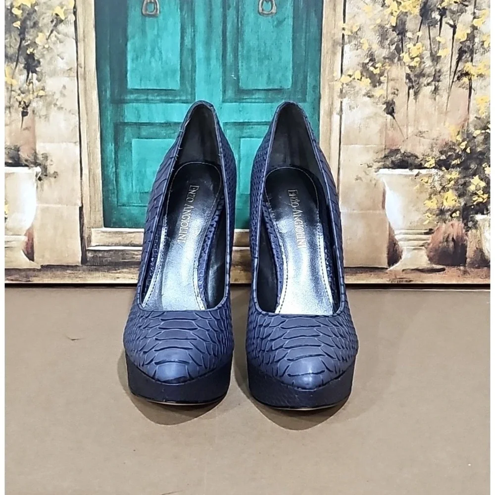 ENZO ANGIOLINI Smiles Platform Pumps Heels‎ Size 7.5 M Stiletto Snake Print Blue